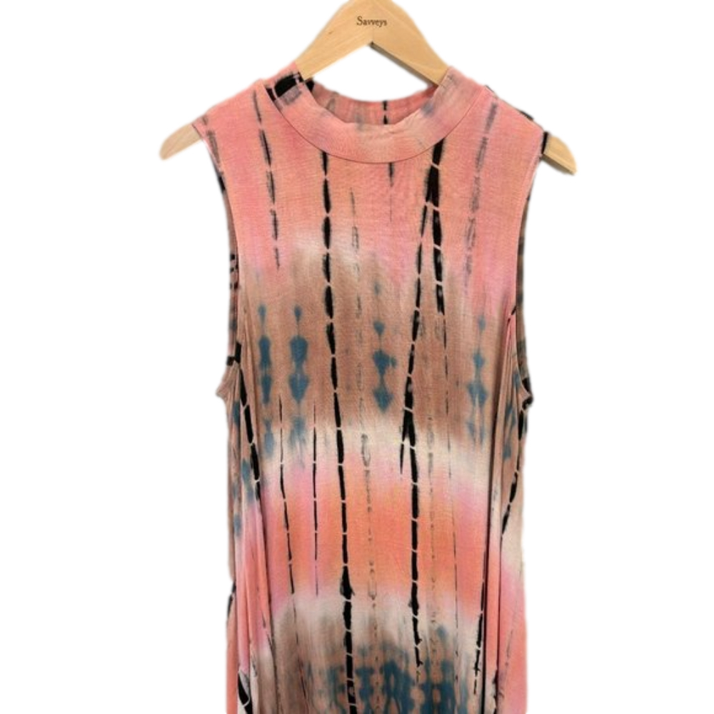 Jodifl, tie die dress in Pink/Black, mock neck line, asymmetrical, sleeveless Lg